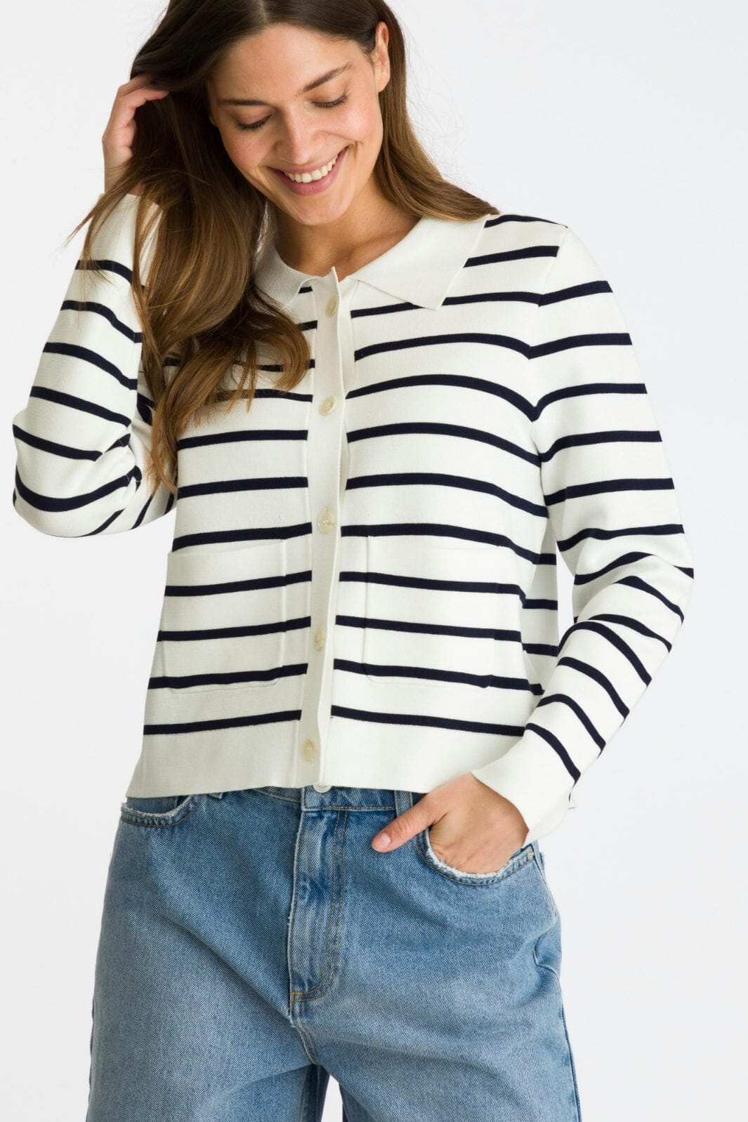 Neo Noir - Tippi Knit Stripe Cardigan - White/Navy Cardigans 