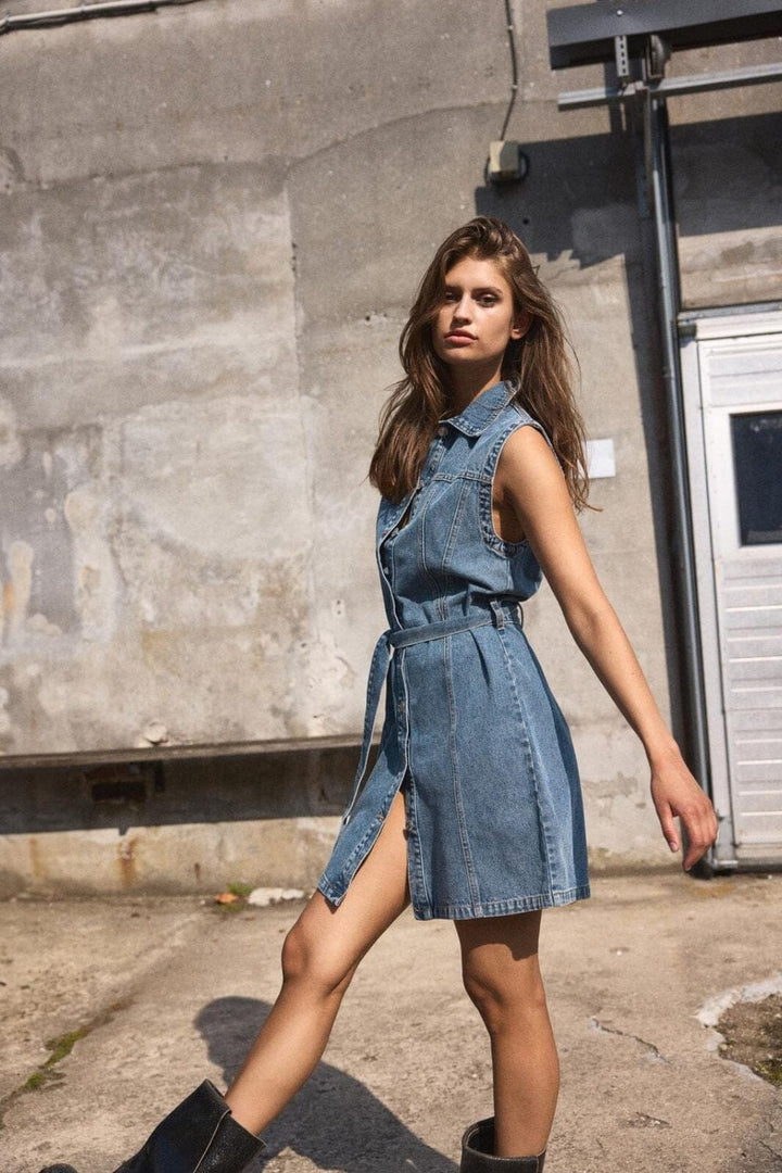 Noisy May - Nmalvi S/L Short Tie Dress Bs023Mb - 4759543 Medium Blue Denim Kjoler 