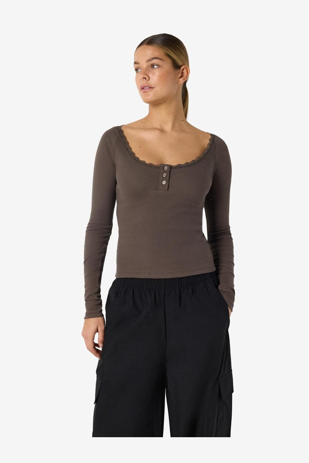 Noisy May - Nmmaya L/S Lace Henley Top - 5048370 Chocolate Brown