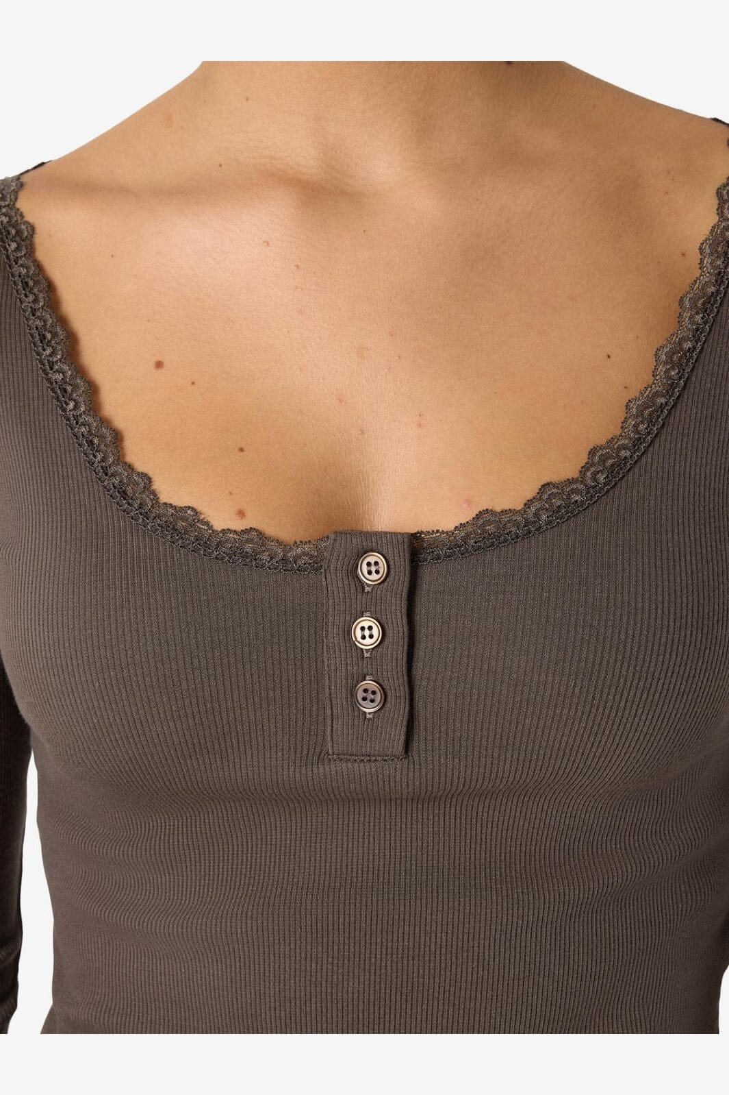 Noisy May - Nmmaya L/S Lace Henley Top - 5048370 Chocolate Brown