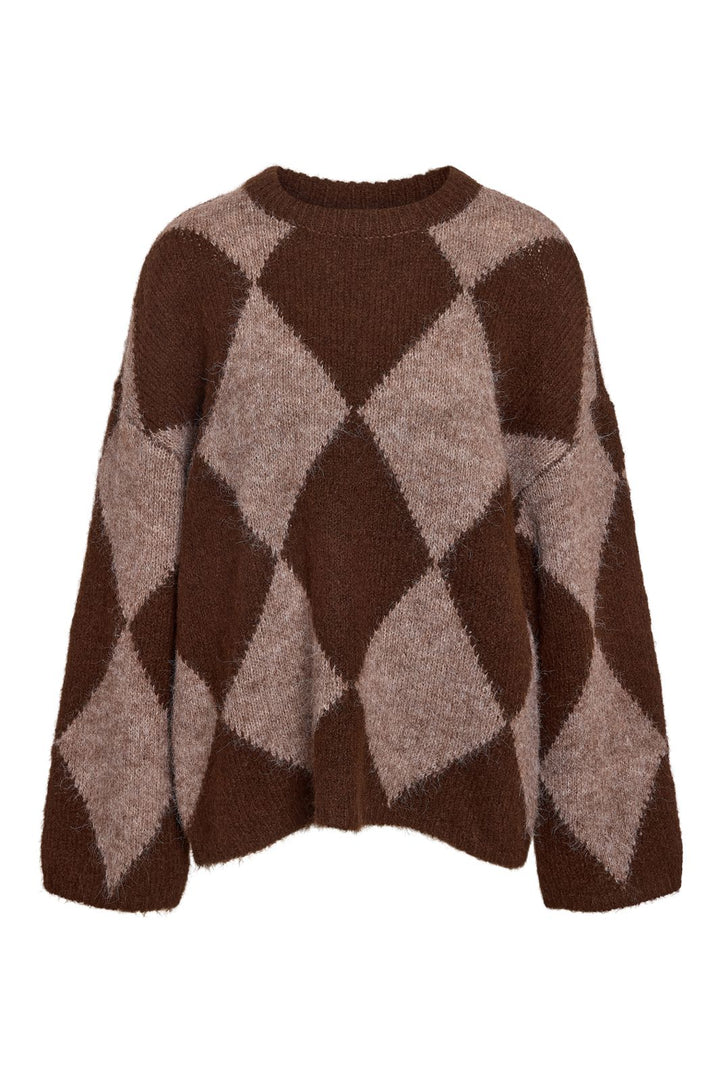 Noisy May - Nmsutton L/S Argyle Oversize Knit Fwd - 4934734 French Roast Beige Melange Argyle