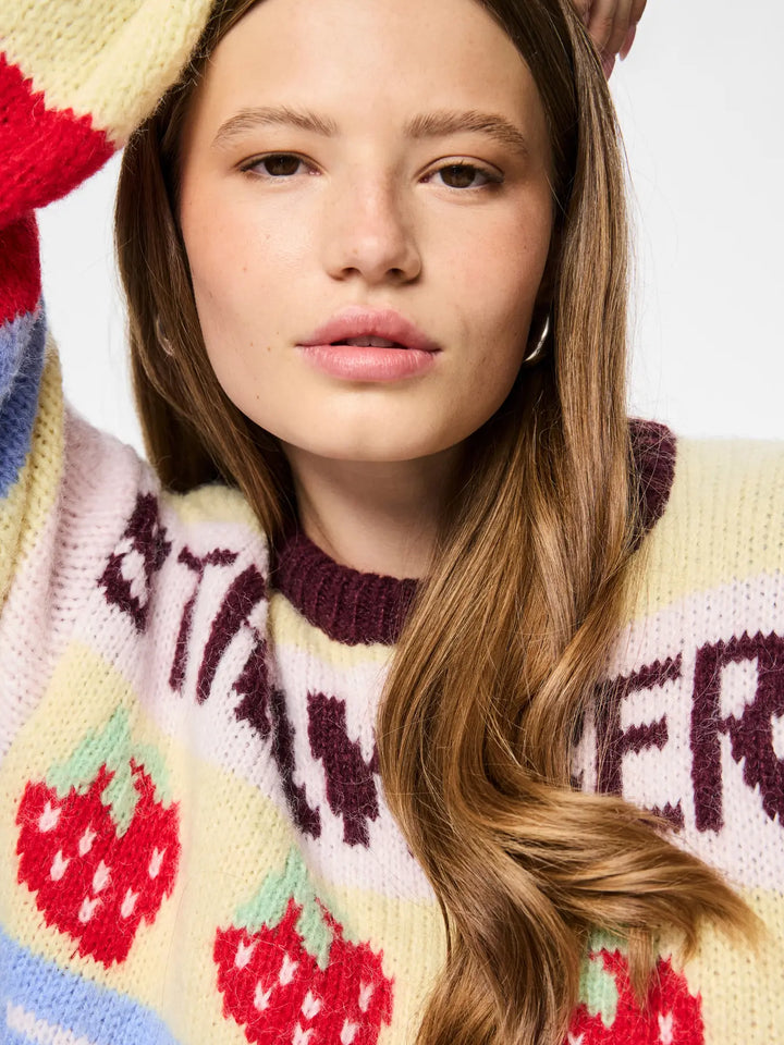 Pieces - Pcbikka Ls O-Neck Knit - 4949295 French Vanilla Multicolor Statements