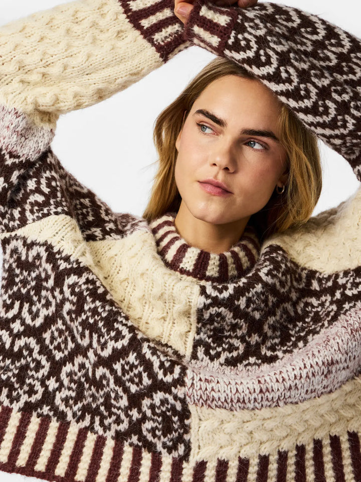 Pieces - Pcfusion Ls O-Neck Colorblock Knit - 5129668 Greige Natural Tones Colorblock