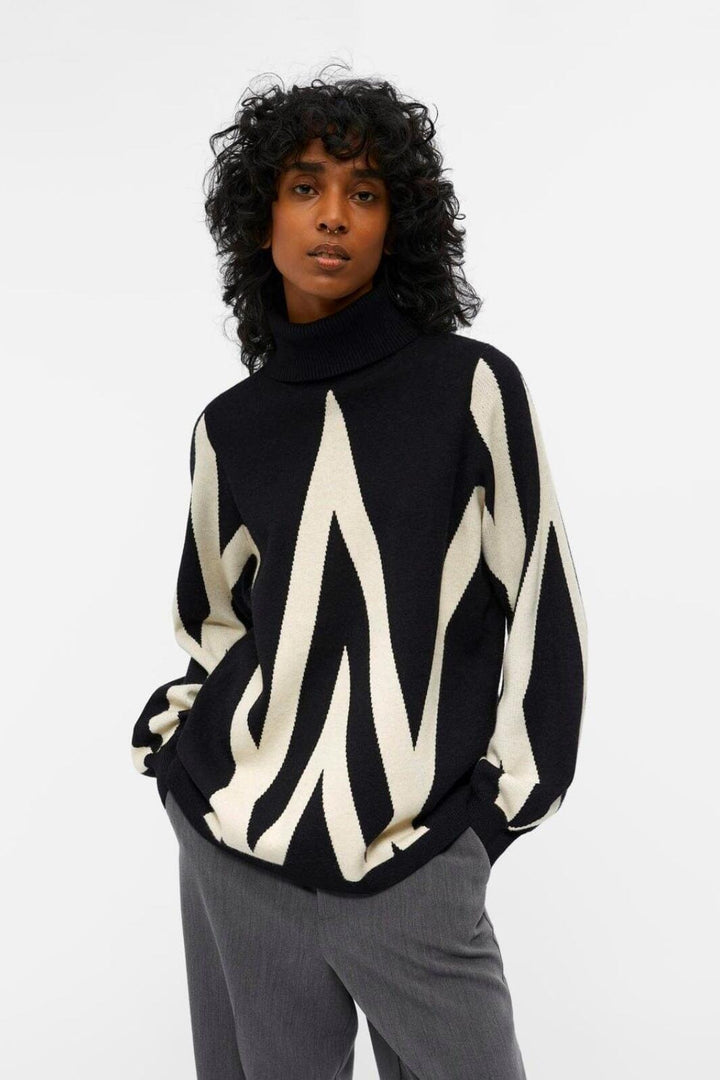 Object - Objray L/S Knit Rollneck Pullover - 4415476 Black Sandshell Graphic Strikbluser 