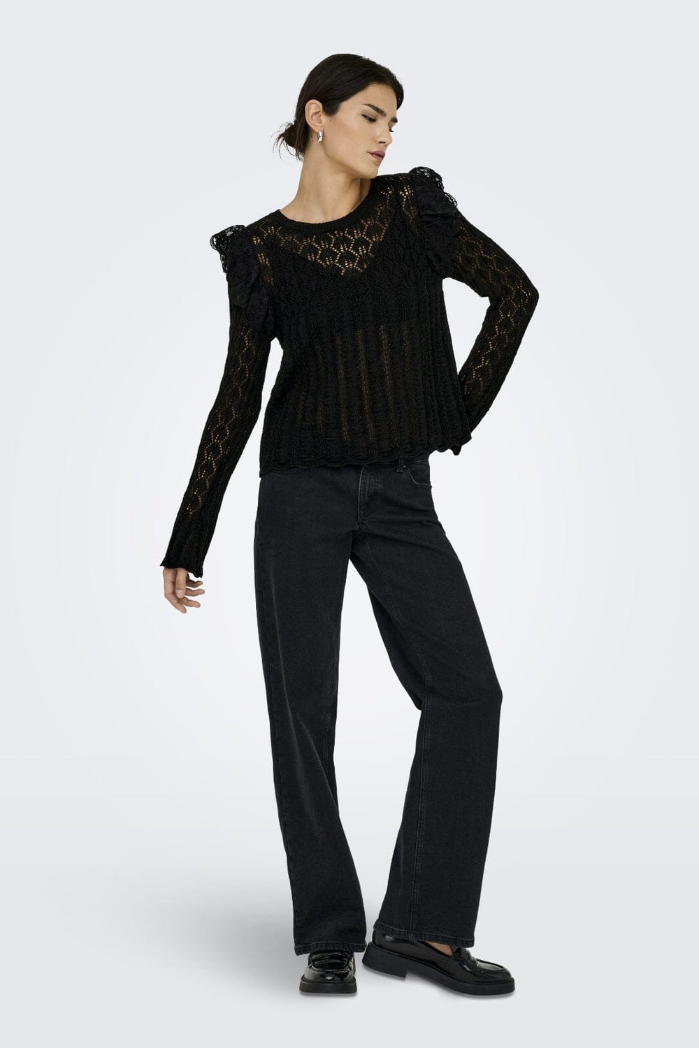 Only - Onlashley Ls O-Neck Mix Knt - 4805321 Black Dtm Lace Bluser 
