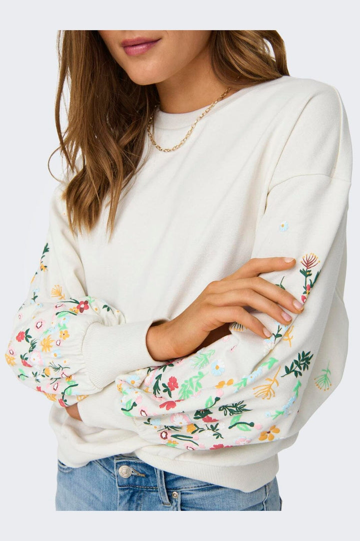 Only - Onlbrooke L/S O-Neck Flower Swt - 4236763 Cloud Dancer Sleeve Flower