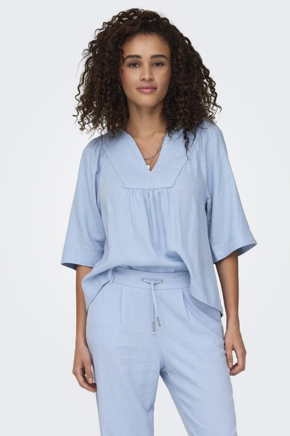 Only - Onlcaro 2/4 V-Neck Linen Bl Top Cc - 4726719 Cashmere Blue