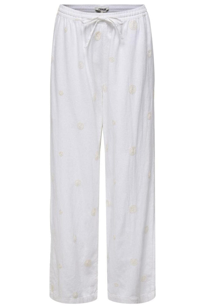 Only - Onlcaro Linen Bl Emb Wide Pant Cc - 4652341 Bright White Pumice Stone Embroidery Bukser 