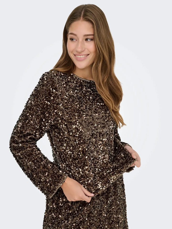 Only - Onlconfidence L/S Sequin Bow Top - 4877640 Mountain Trail Mountain Trail Sequins+Mountain Trail Bow Bluser 