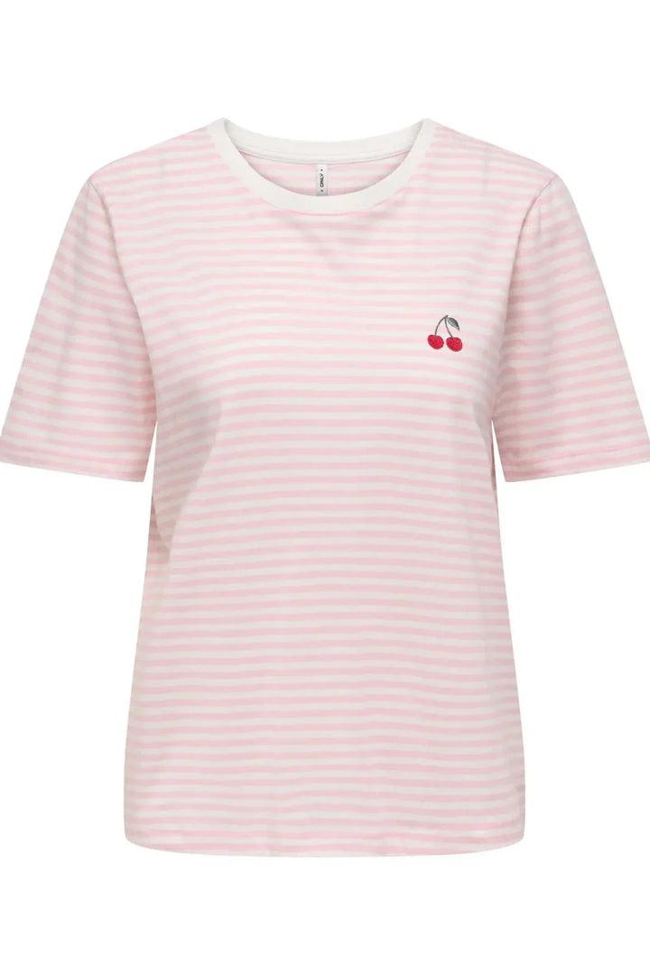 Only - Onlhappy Life S/S Emb Top - 5030048 Cloud Dancer Romance Rose + Cherry T-shirts 