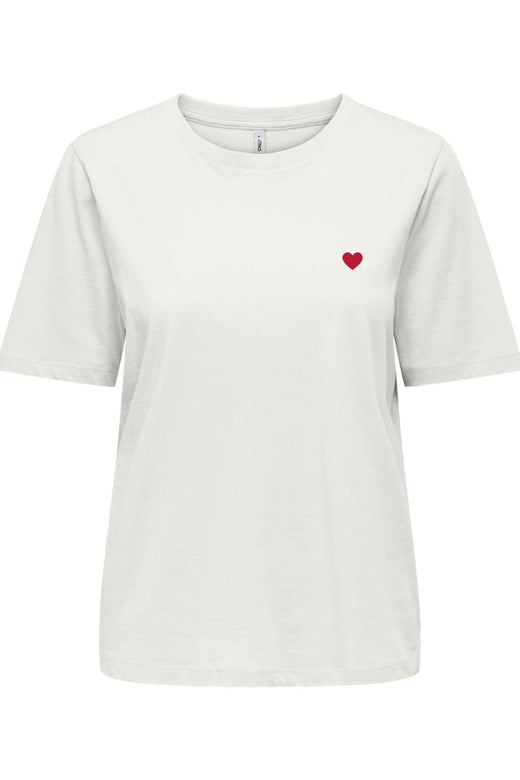 Only - Onlhappy Life S/S Emb Top - 5048917 Cloud Dancer Abdel Red Heart T-shirts 