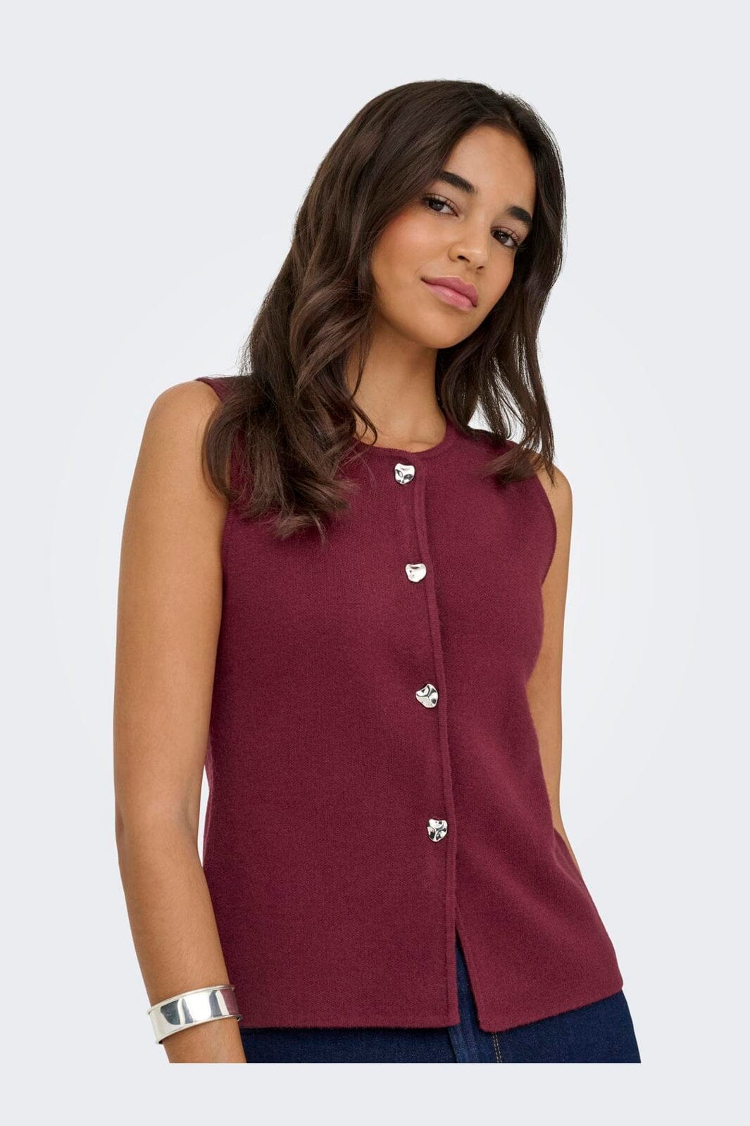 Only - Onlibi Button Sl Vest Cc Knt - 4947078 Zinfandel Silver Button