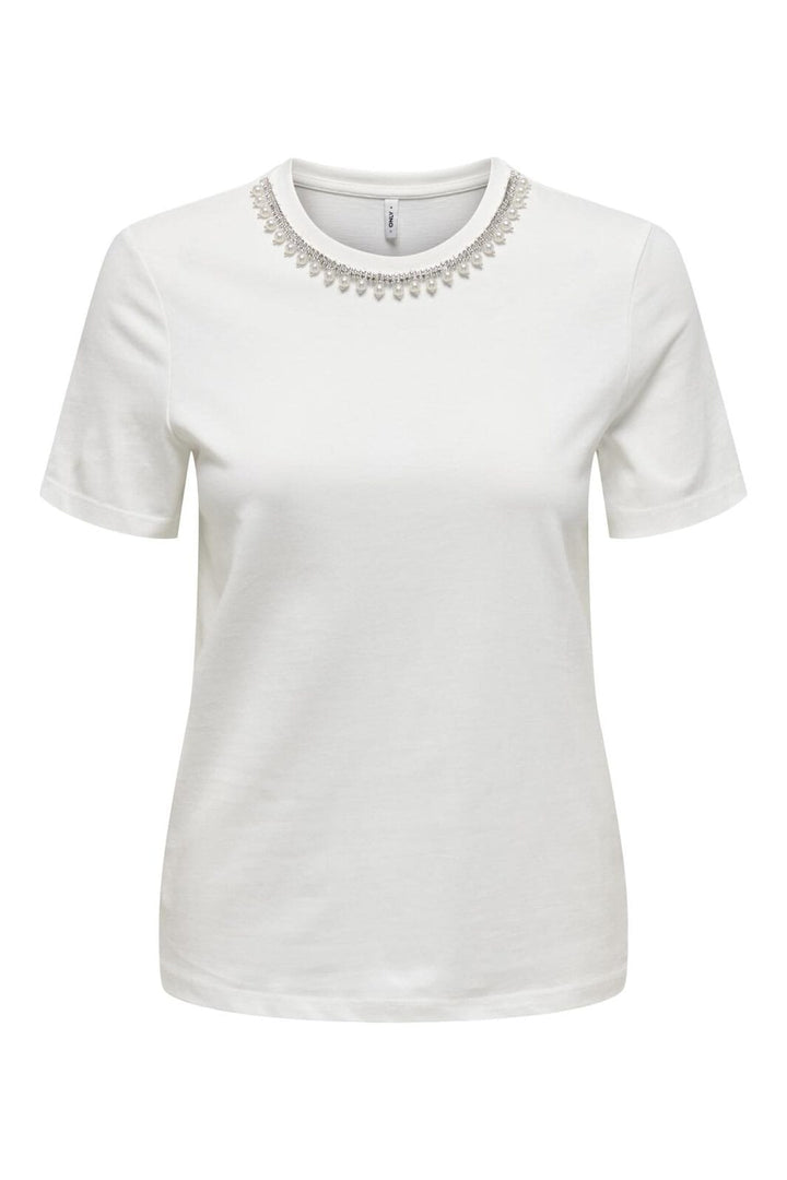 Only - Onljolly Life S/S Reg Pearl Top - 4952188 Cloud Dancer Pearl Emb Necklace