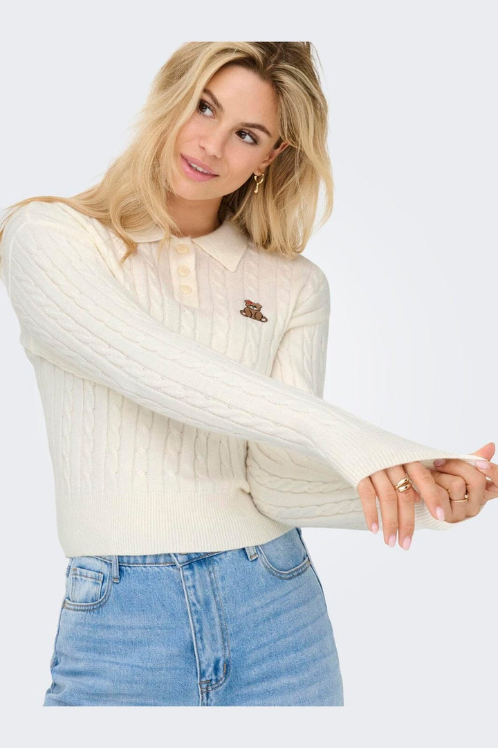 Only - Onlkatia Ls Cable Polo Cc Knt - 4957867 Baby'S Breath Teddy Emb/Dtm Button