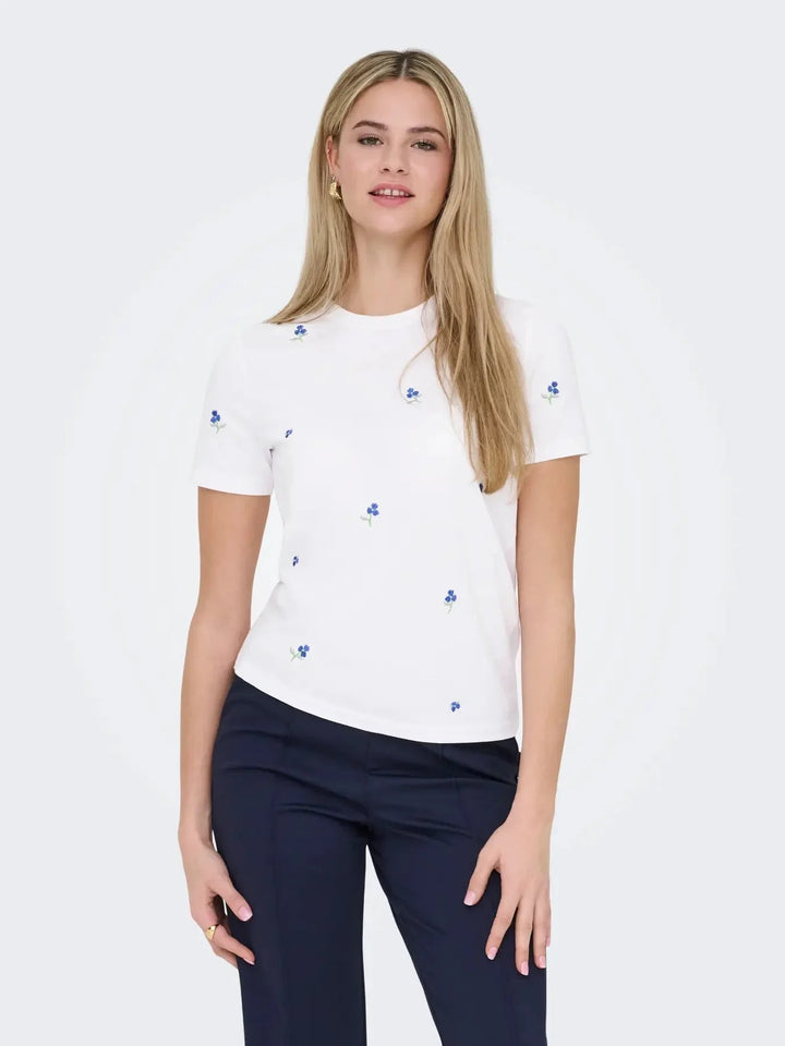Only - Onlketty Life S/S O-Neck Top - 4947907 Bright White True Blue Flowers T-shirts 
