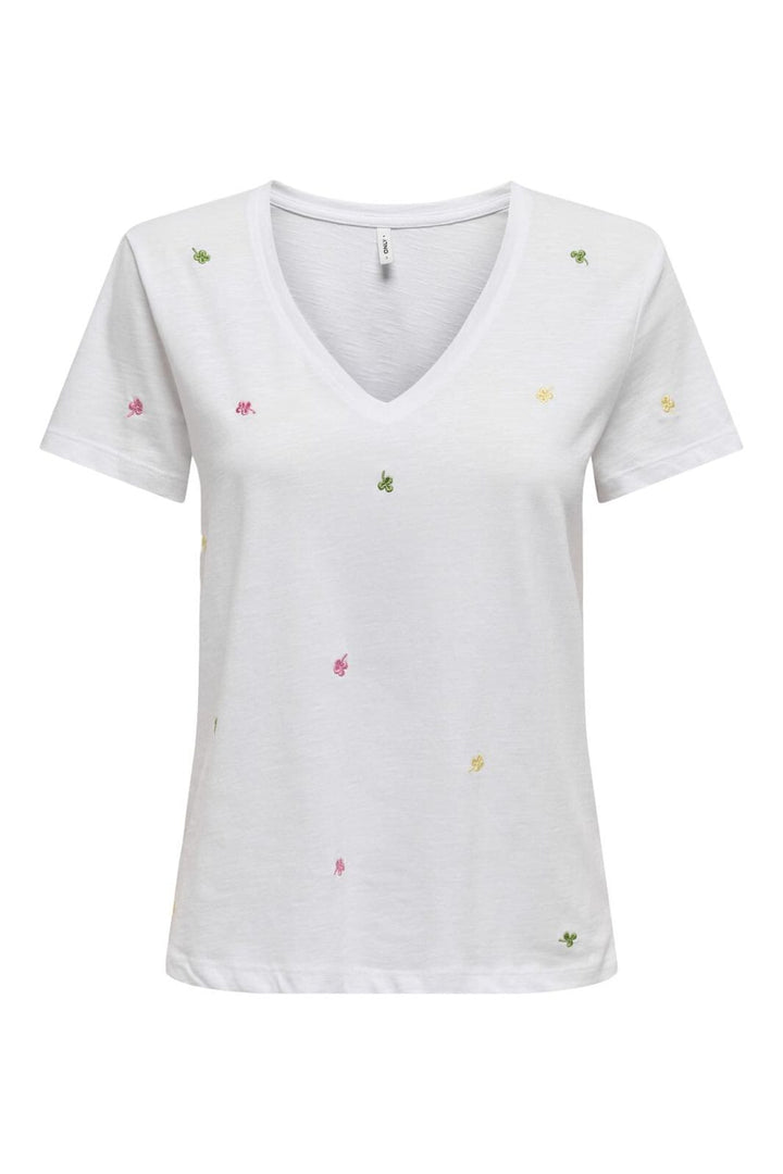 Only - Onlketty Life S/S V-Neck Top Box - 4690308 Bright White Clovers
