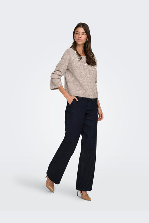 Only - Onlmiggie Ls O-Neck Pearl Cardi Knt - 5039863 Malt Ball Melange/Fmop