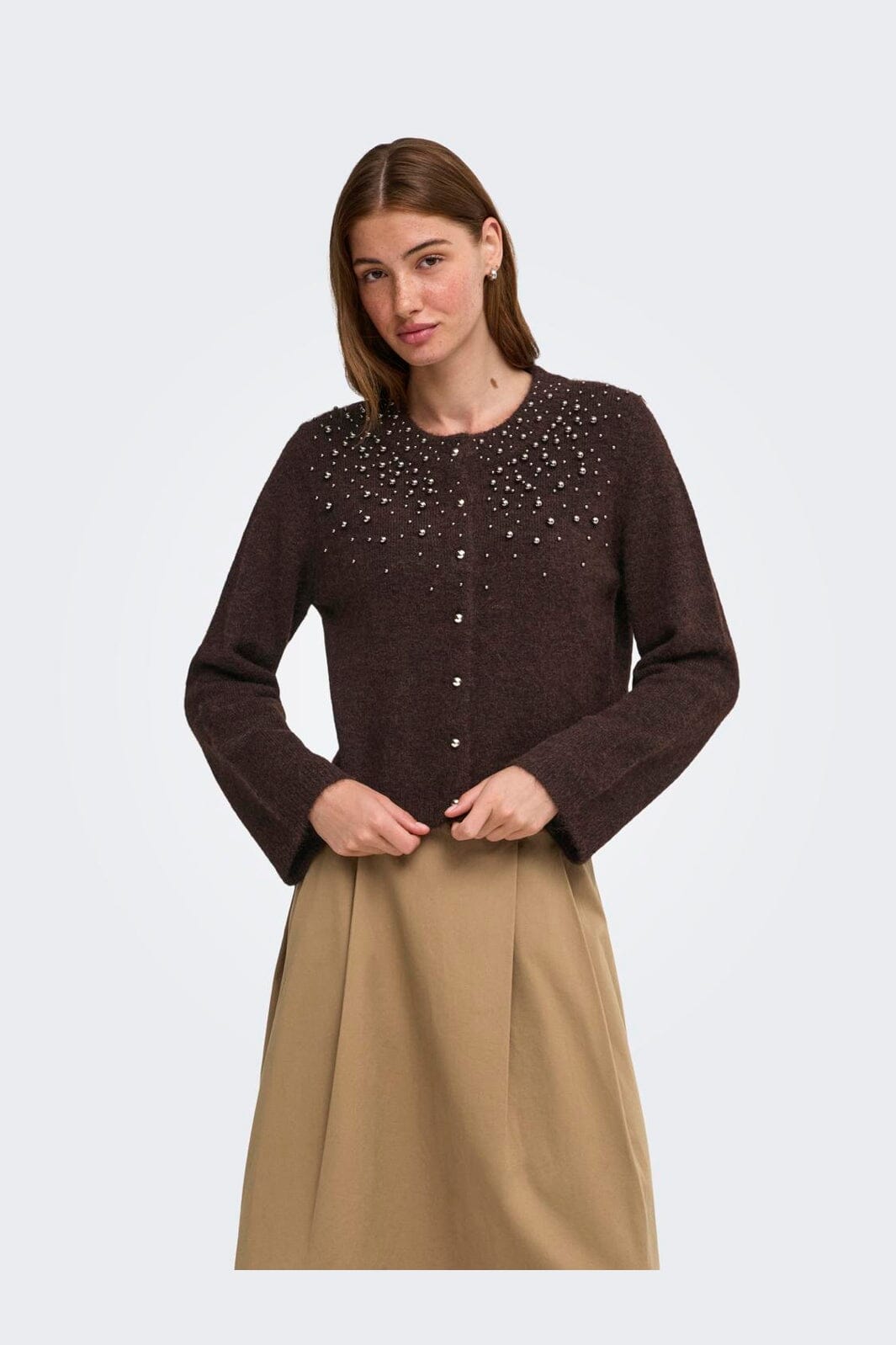 Only - Onlmiggie Ls O-Neck Pearl Cardi Knt - 5062031 Coffee Bean Melange/Silver Metal Pearl