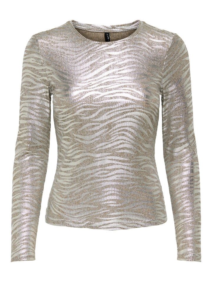Only - Onlmirinda L/S O-Neck Top - 4892879 Humus Melange+Zebra Silver Metallic Bluser 