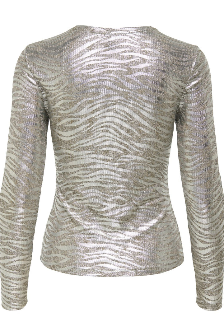 Only - Onlmirinda L/S O-Neck Top - 4892879 Humus Melange+Zebra Silver Metallic Bluser 