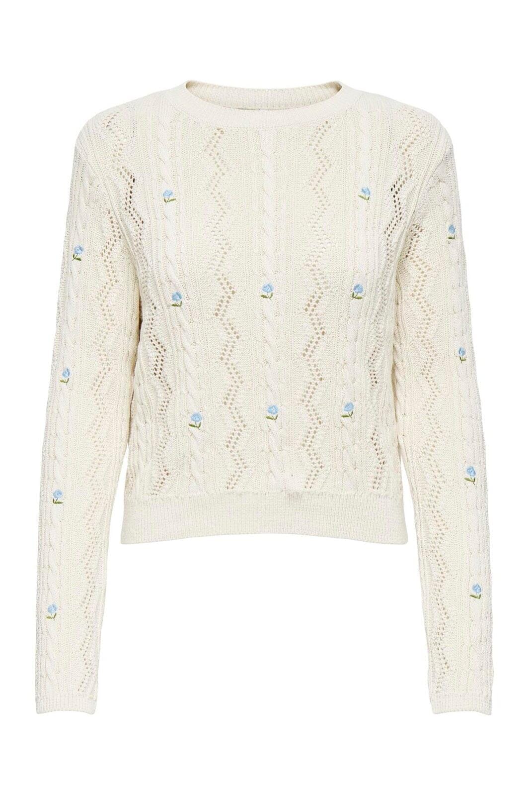 Only - Onlrita Life Ls Embr Cable Knt - 4862606 Ecru Cashmere Blue Flower