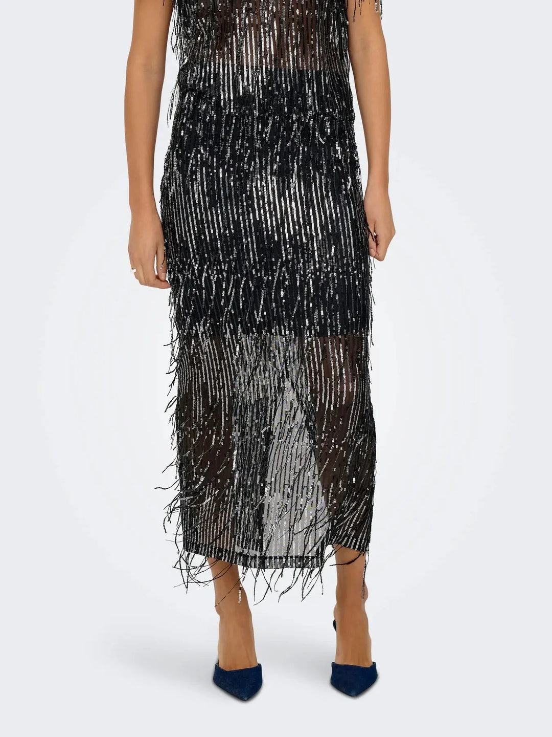 Only - Onlspacy Long Sequins Skirt - 4877211 Black W. Silver Sequins Nederdele 