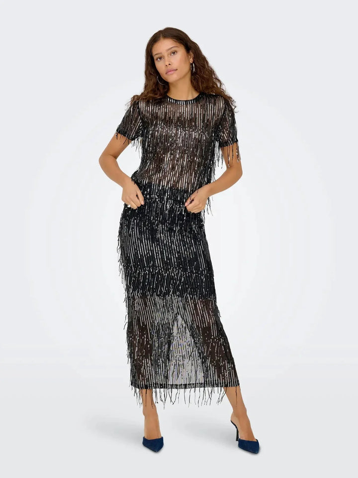 Only - Onlspacy Long Sequins Skirt - 4877211 Black W. Silver Sequins Nederdele 