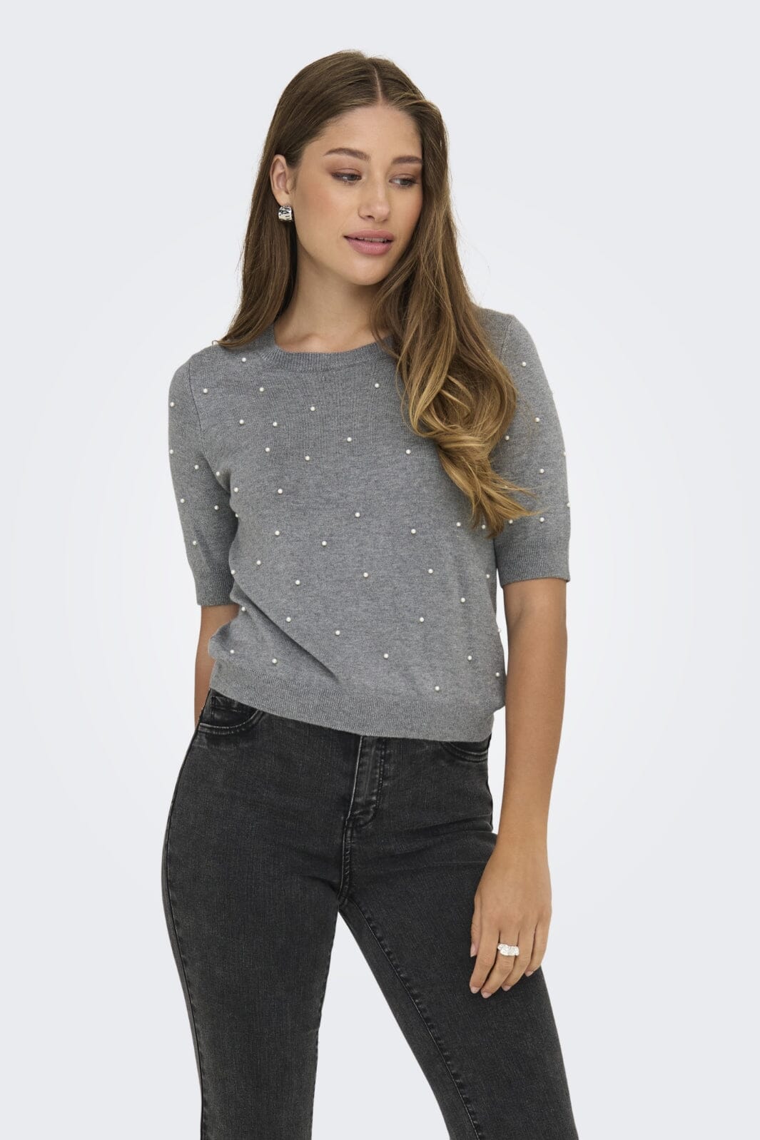 Only - Onlvenice Life Ss Pearl O-Neck Knt - 4805410 Light Grey Melange White Pearls Toppe 