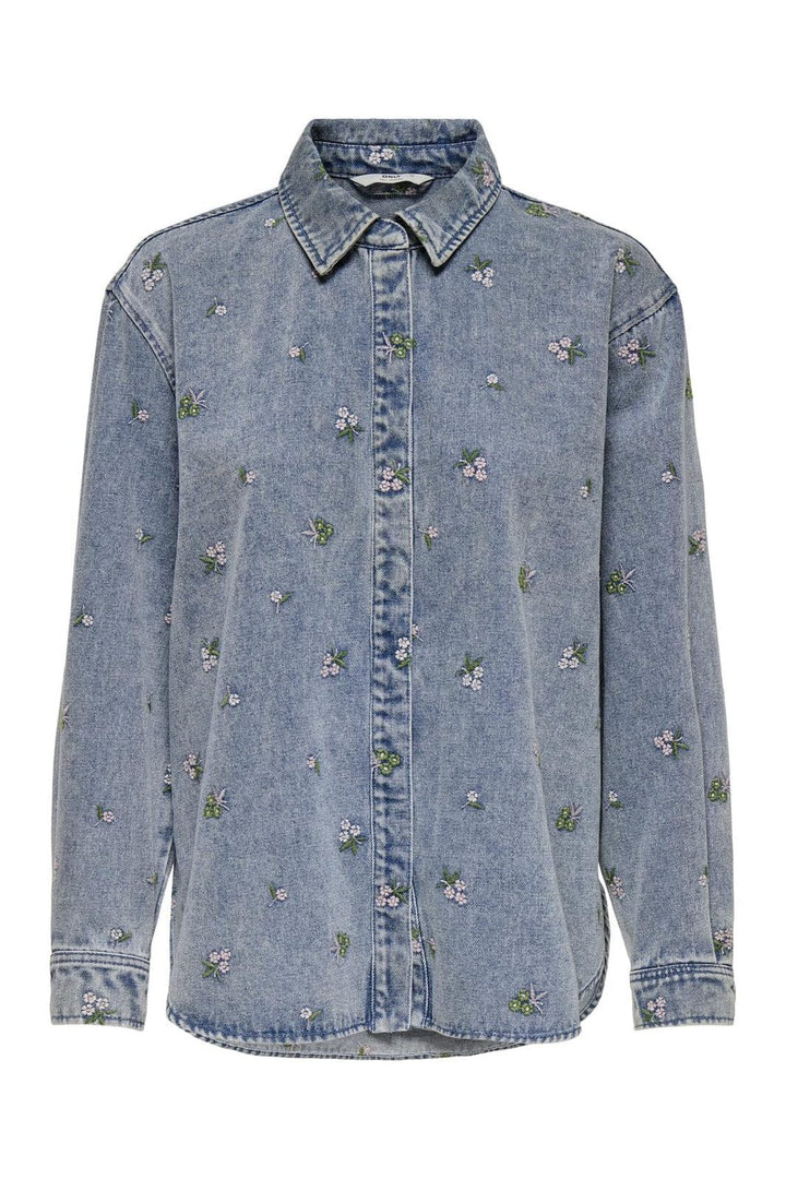 Only - Onlvera L/S Flower Emb Shirt Yor - 4794054 Light Blue Denim Flower Emb
