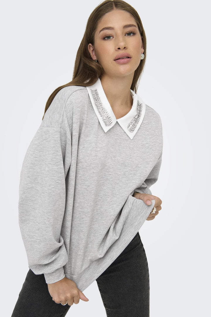Only - Onlwillow L/S O-Neck Emb. Ub Swt - 4856680 Light Grey Melange Cloud Dancer Woven Sweatshirts 