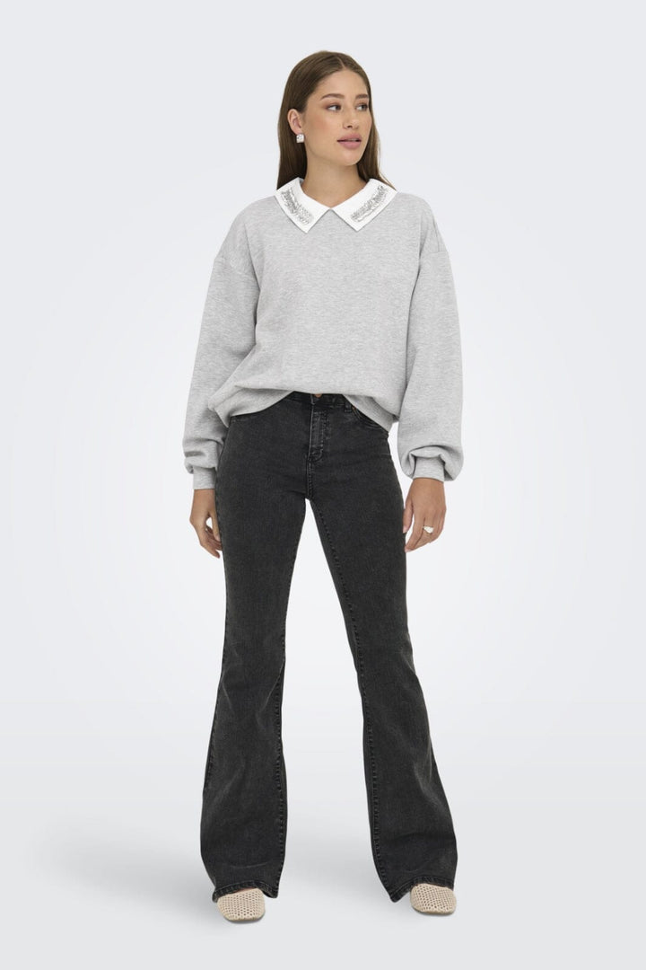 Only - Onlwillow L/S O-Neck Emb. Ub Swt - 4856680 Light Grey Melange Cloud Dancer Woven Sweatshirts 
