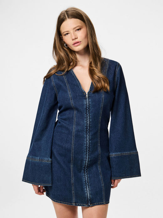 Pieces - Pcflora Ls Denim Dress - 4965162 Dark Blue Denim Kjoler 