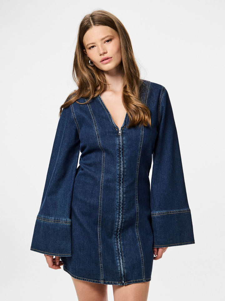 Pieces - Pcflora Ls Denim Dress - 4965162 Dark Blue Denim Kjoler 