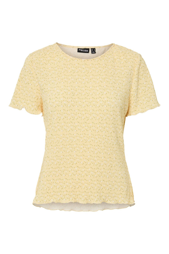 Pieces - Pcflora Ss O-Neck Top Msa - 4963674 French Vanilla Small White Flowers