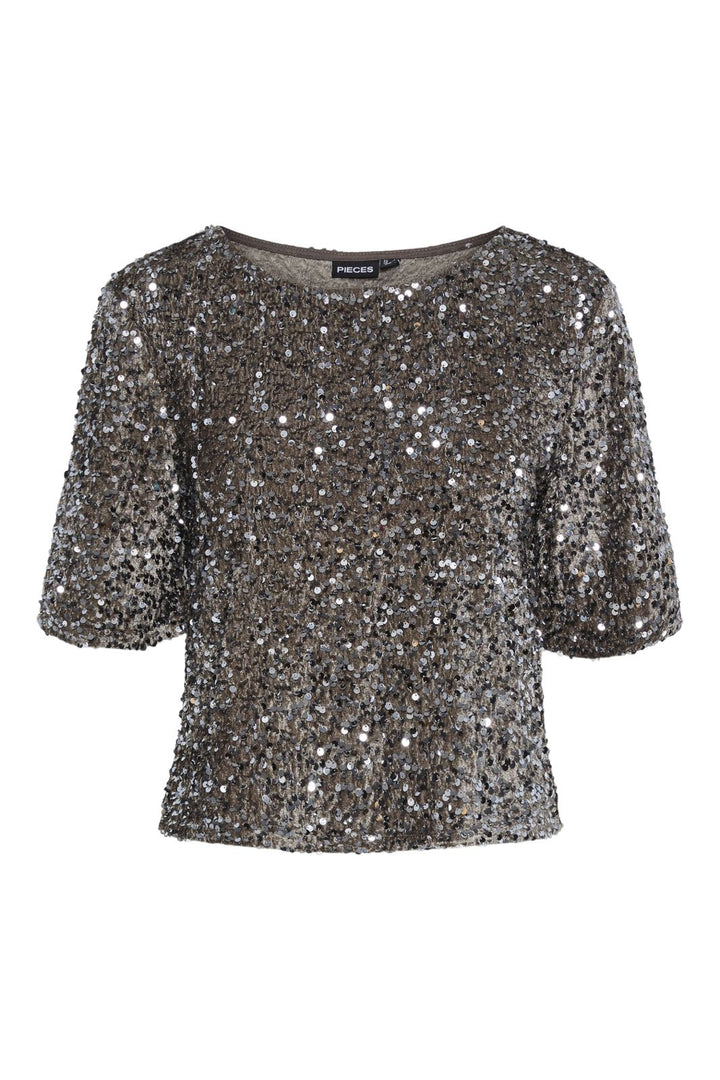 Pieces - Pckam Ss Top - 4641548 Morel Silver Sequins