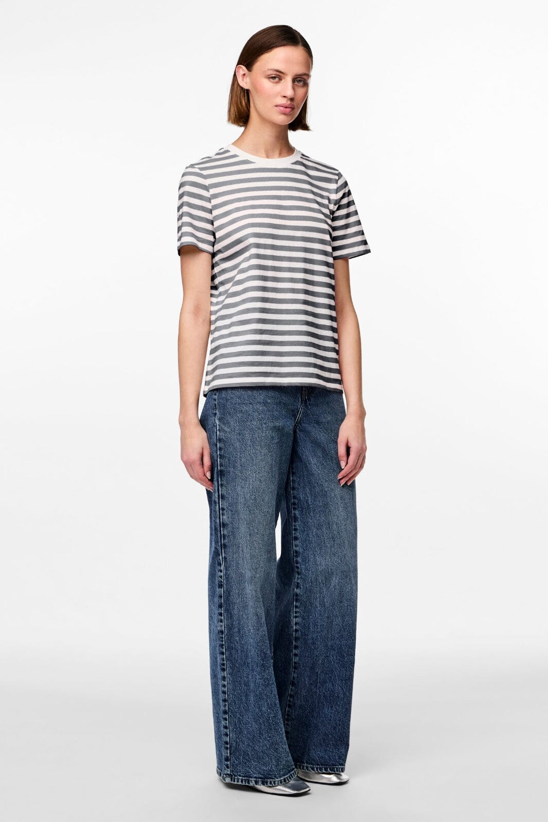 Pieces - Pcria Ss Tee Stripes - 4651140 Ultimate Grey Bright White