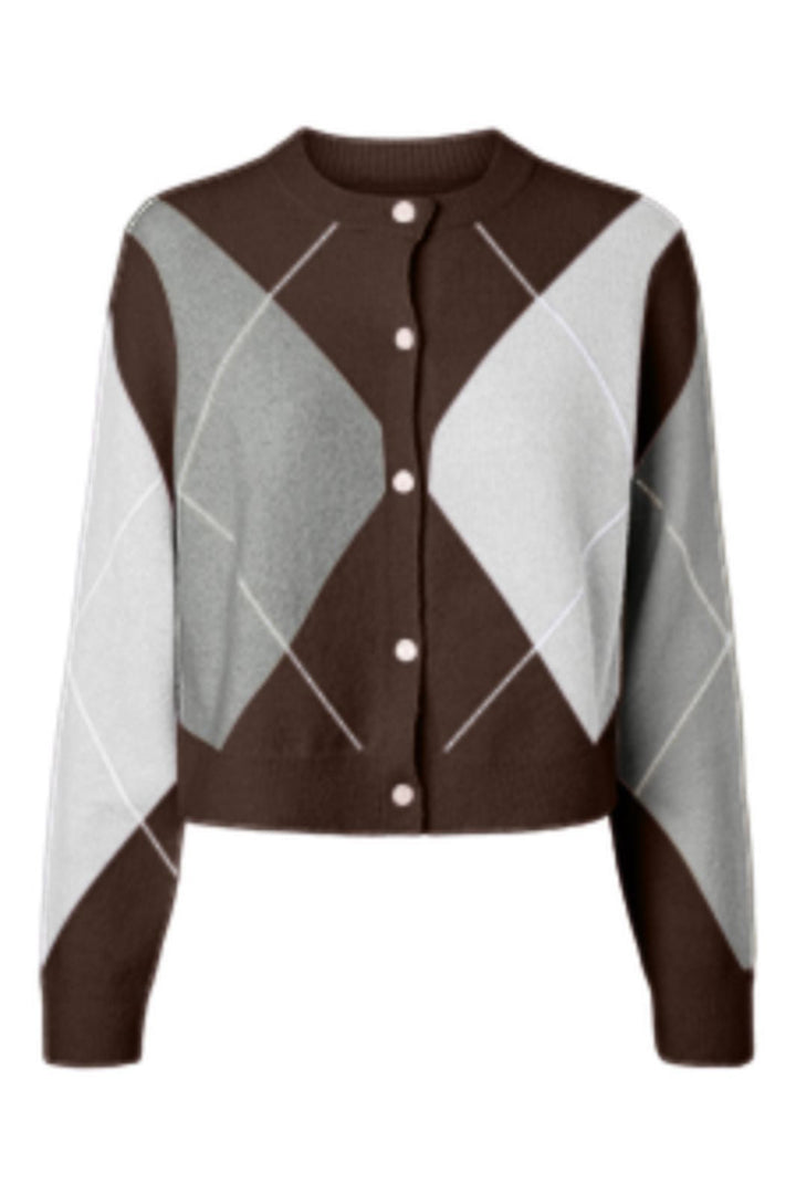 Pieces - Pcsally Ls Knit Check Cardigan - 5133924 Hot Fudge Grey/Birch