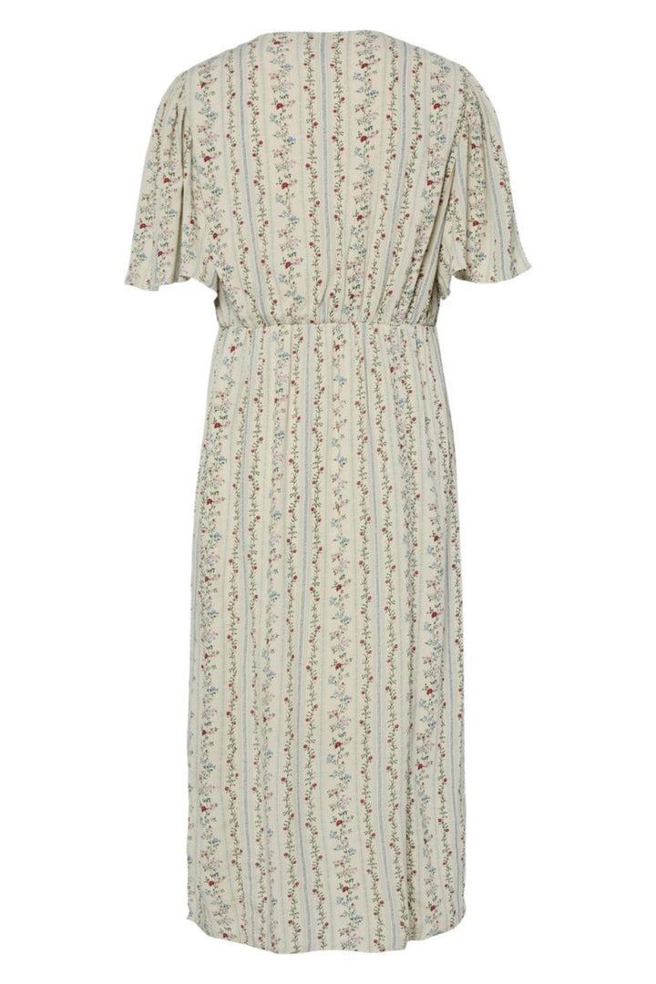 Pieces - Pctaitlyn Ss V-Neck Midi Dress - 4822602 Birch Striped Flower Kjoler 