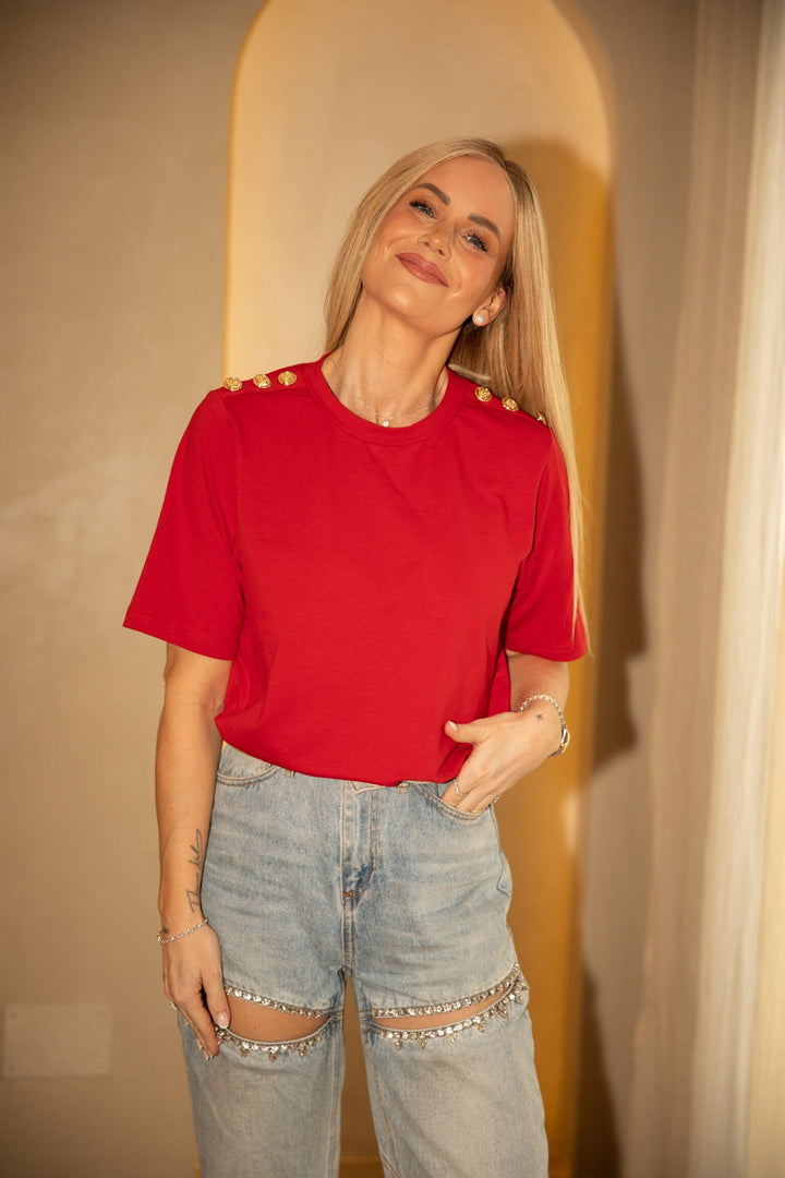 Valentin Studio - Gold Button Casual T-Shirt 162366 - 160 - Red T-shirts 