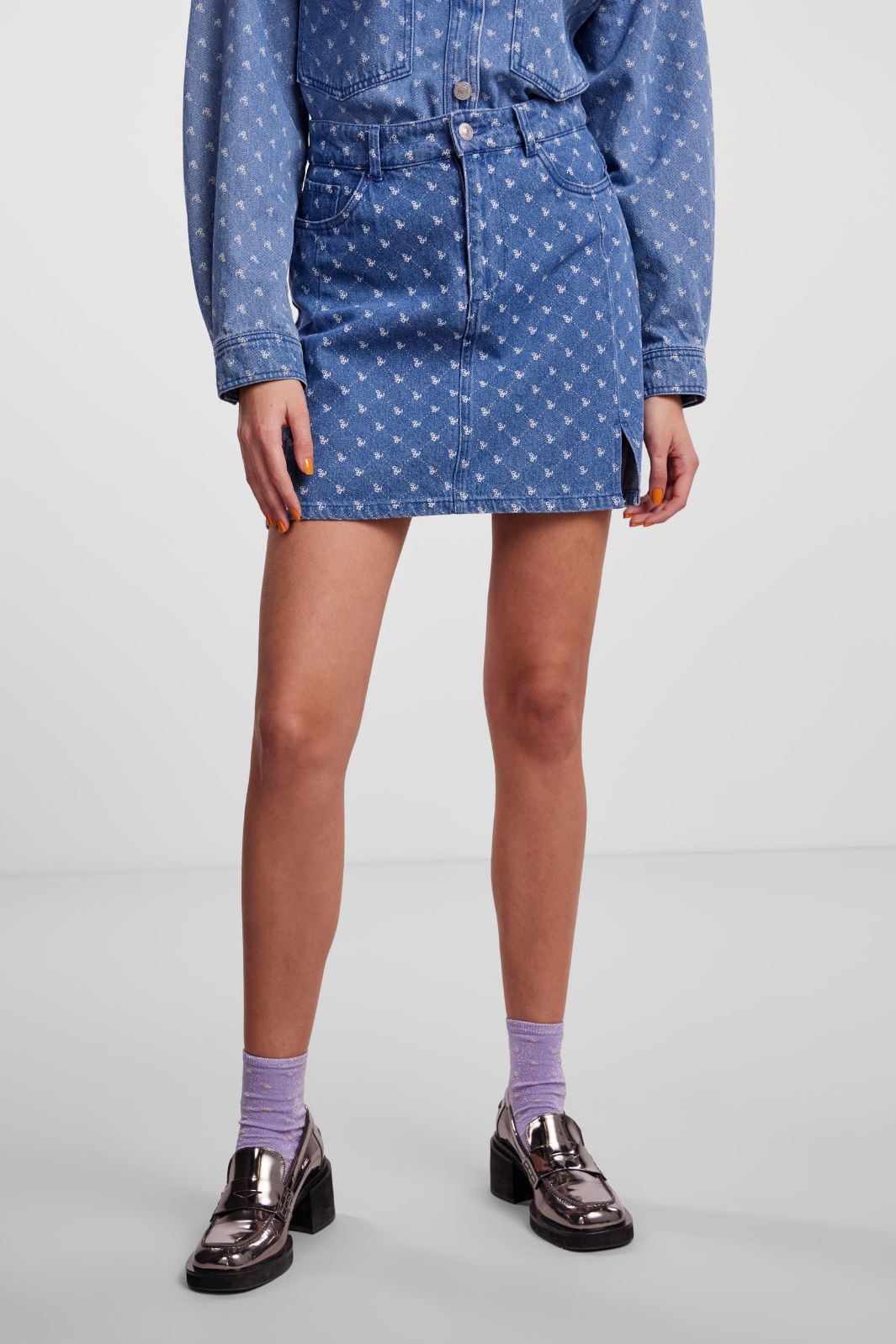 Pieces - Pcnursel Slit Skirt - Medium Blue Denim All Over Print Nederdele 