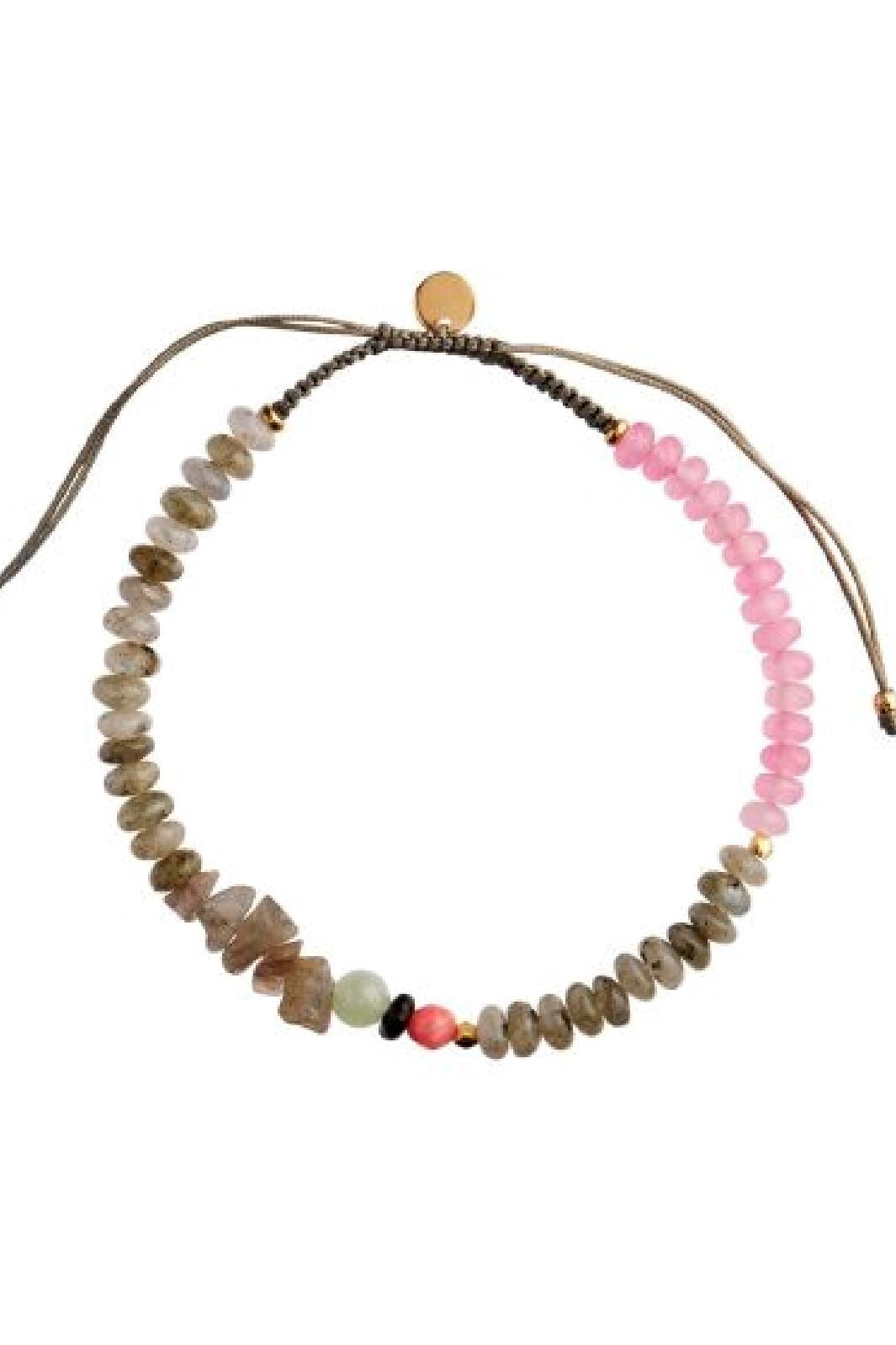 Stine A - Harmony Bracelet with Calm Grey and Pink Gemstones and Khakigrey Ribbon - 3202-02 Armbånd 